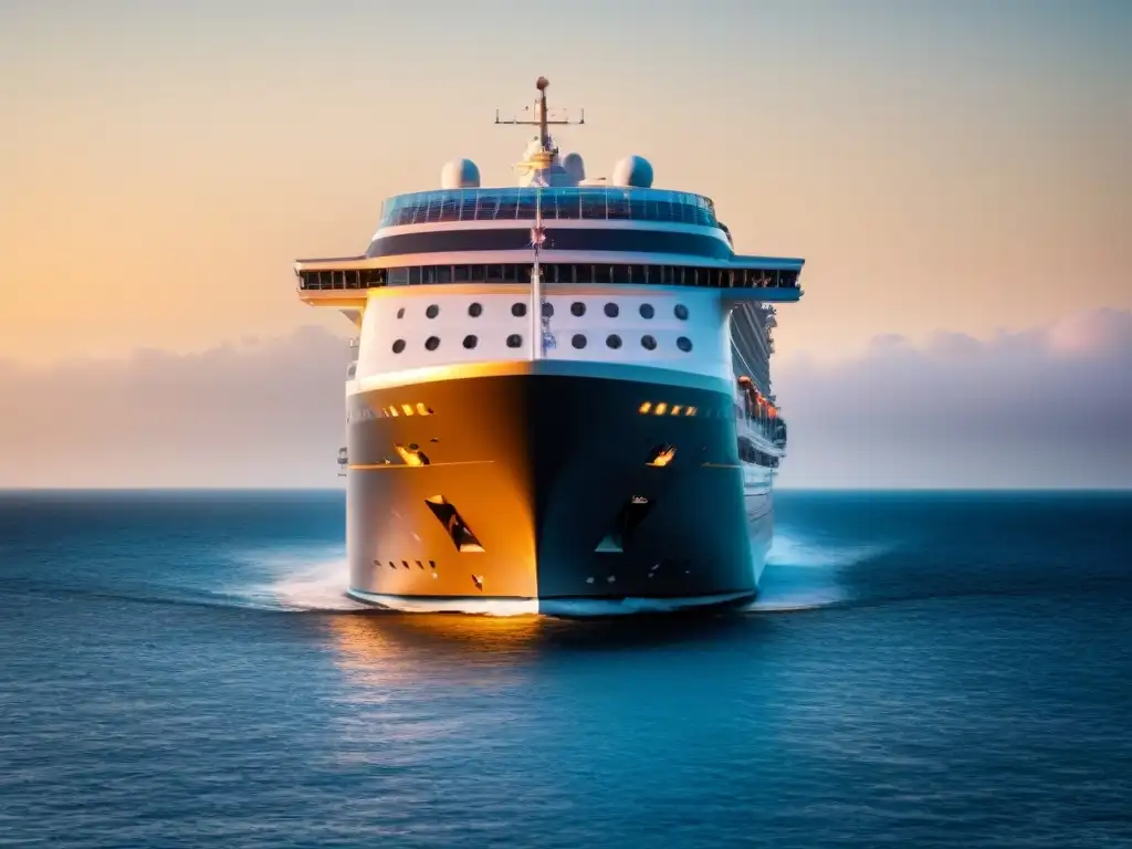 Crucero de lujo al atardecer: elegancia en alta resolución Un lujoso crucero al atardecer con elegantes líneas, luces brillantes y un sereno mar