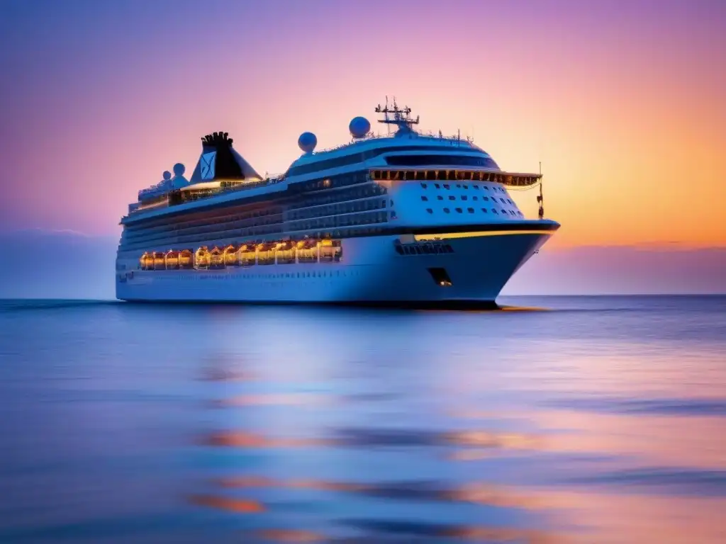 Un lujoso crucero al atardecer, reflejando luces doradas en el mar calmado