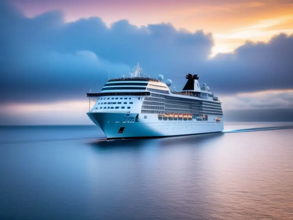 Un lujoso crucero navegando al atardecer, reflejando la luz dorada en el mar tranquilo