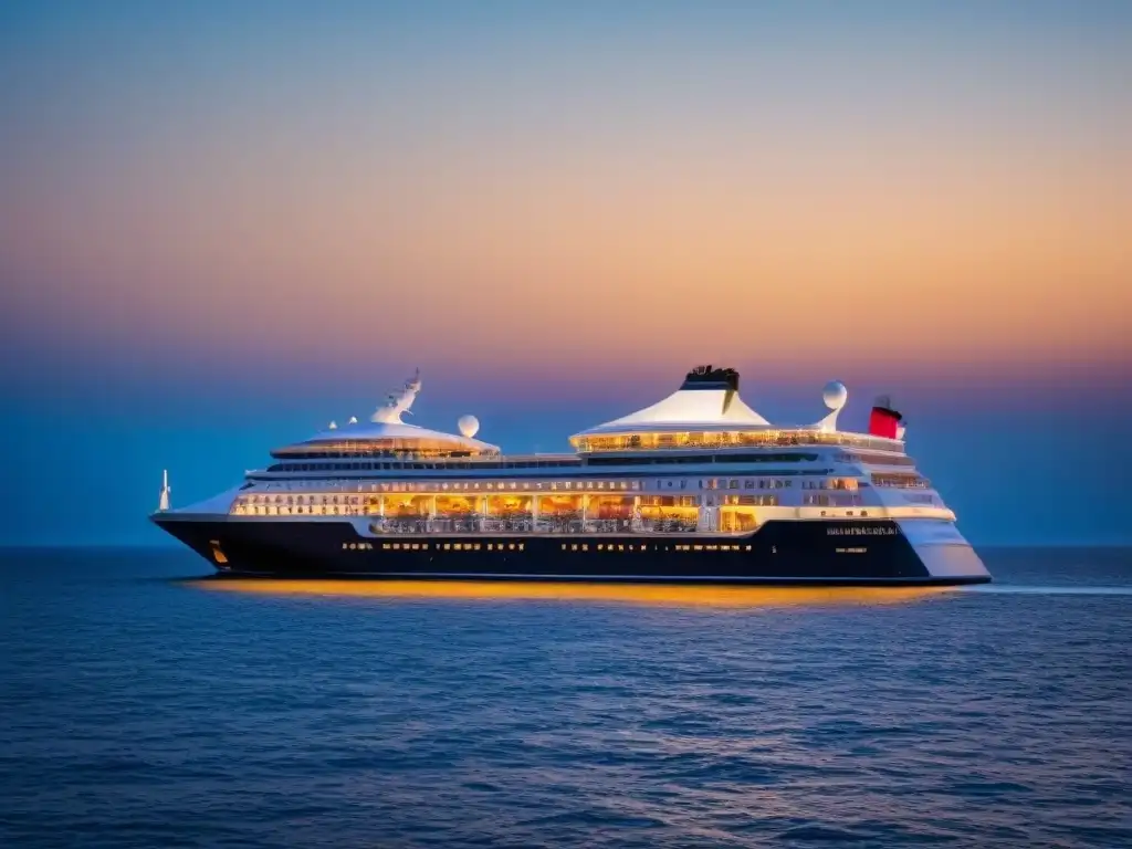 Crucero de lujo al atardecer: elegancia en alta mar Un lujoso crucero navegando al atardecer en un mar tranquilo
