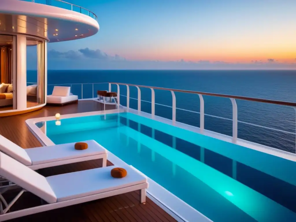 Deck de crucero de lujo al atardecer: sofisticación y serenidad Un lujoso crucero al atardecer con servicios exclusivos cruceros lujo