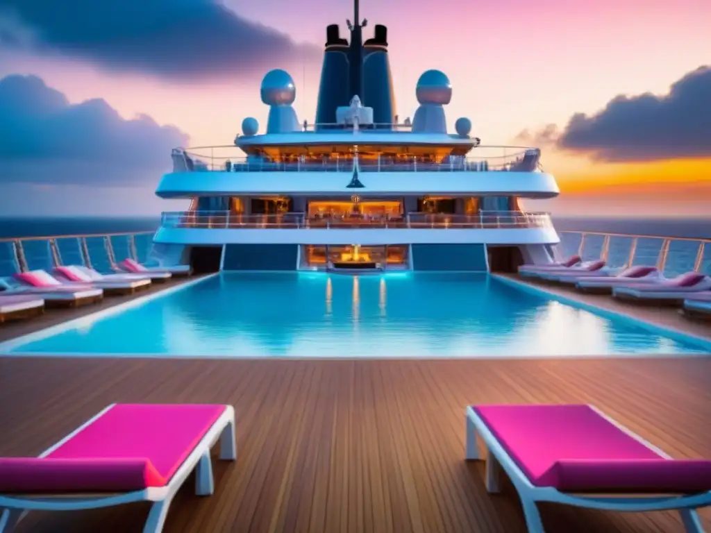 Crucero de lujo al atardecer: exclusividad y elegancia en alta mar Un lujoso crucero al atardecer con servicios exclusivos, reflejando elegancia en su cubierta vacía y piscina cristalina