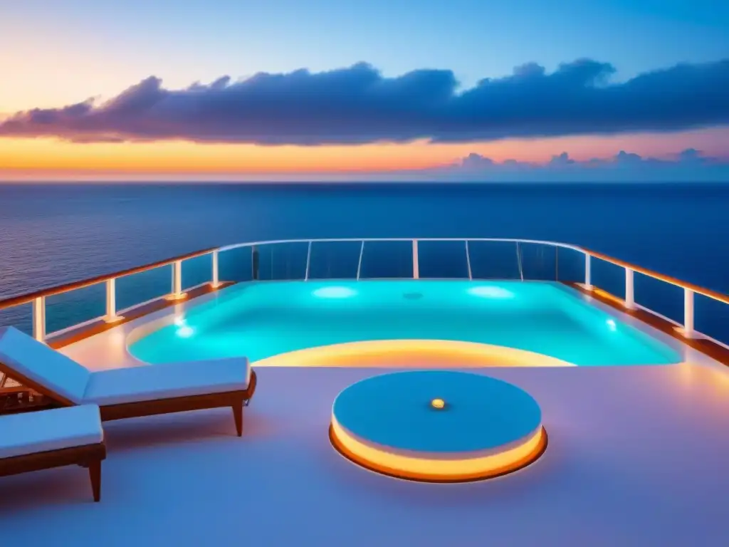 Un lujoso crucero al atardecer con servicios personalizados, muebles blancos elegantes y una vista panorámica al mar