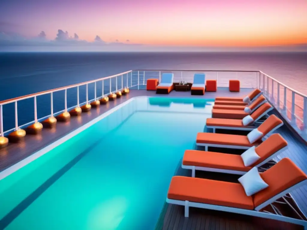 Un lujoso crucero al atardecer, con sillas elegantes, piscina reluciente y vista panorámica al mar