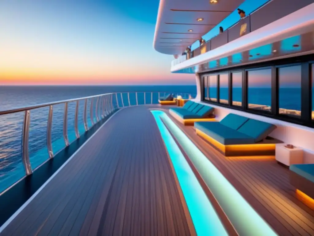 Un lujoso crucero al atardecer con tecnología en cruceros marítimos, diseño moderno y elegante