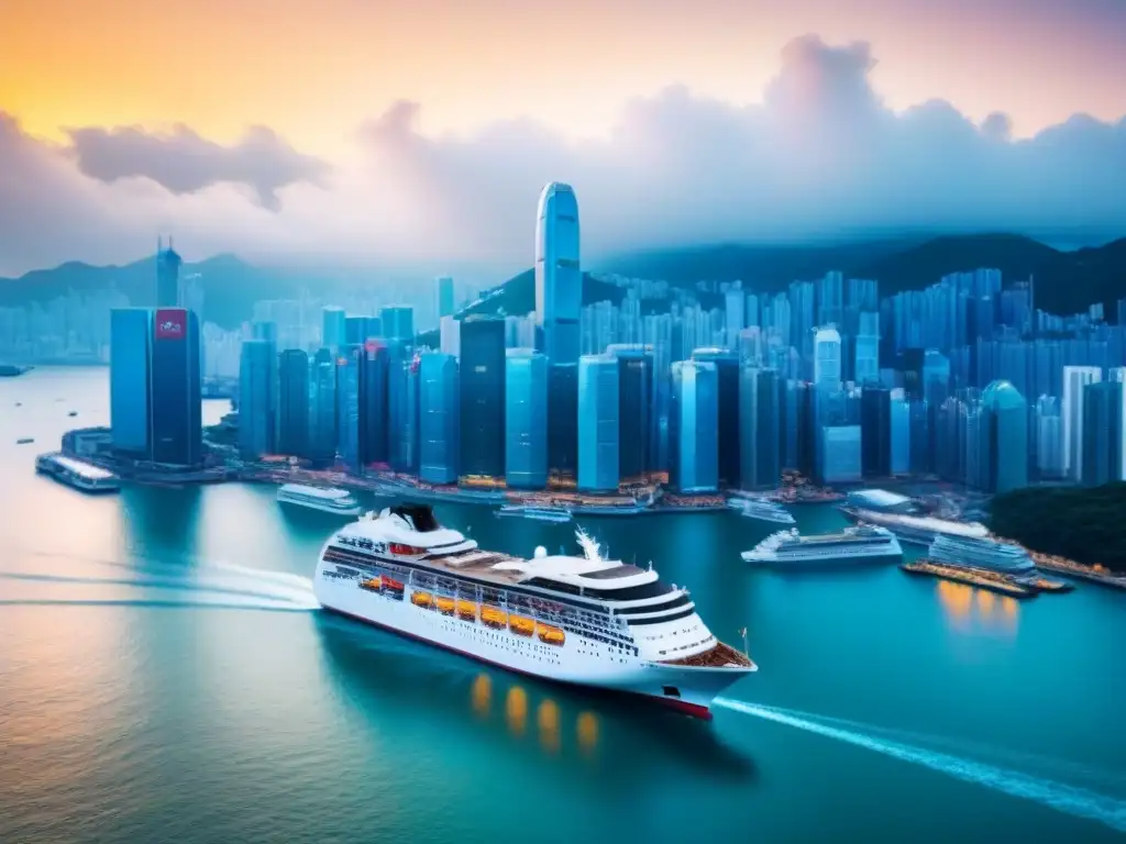 Un lujoso crucero navegando al atardecer por el vibrante puerto de Hong Kong, rodeado de rascacielos y luces de la ciudad