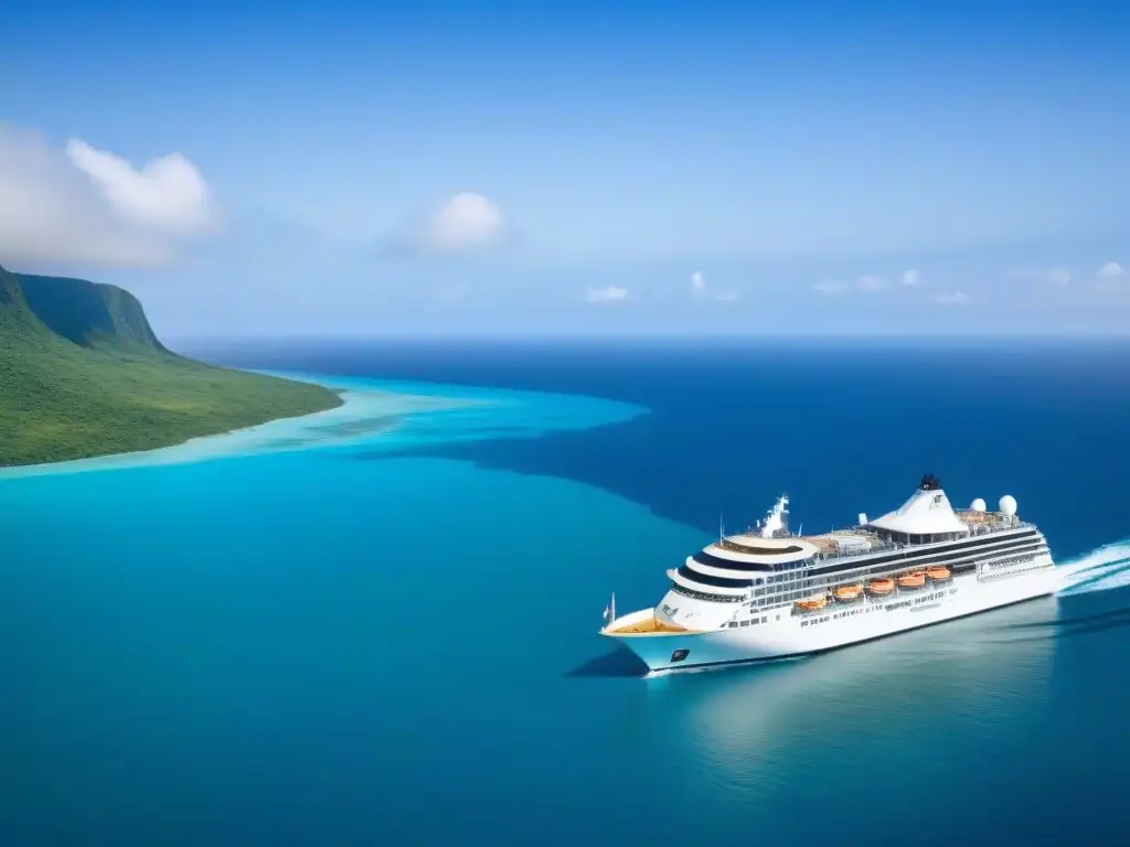 Un lujoso crucero blanco navegando en aguas turquesas, rodeado de naturaleza exuberante, bajo un cielo azul claro