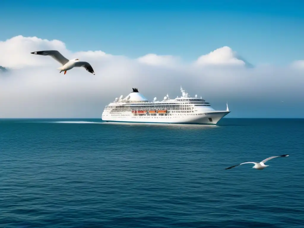 Un lujoso crucero blanco navegando en aguas cristalinas, rodeado de gaviotas