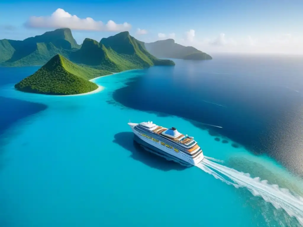 Un lujoso crucero blanco navegando por aguas turquesas, rodeado de islas tropicales verdes