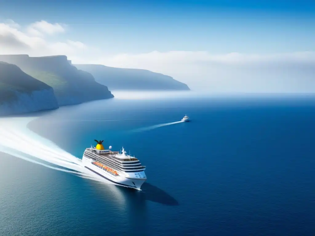 Un lujoso crucero blanco navega serenamente en un mar azul bajo un cielo despejado