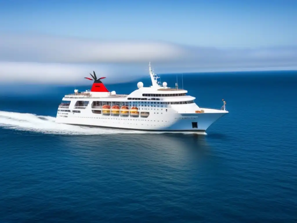 Un lujoso crucero boutique navegando en aguas tranquilas, rodeado de gaviotas, bajo un cielo azul