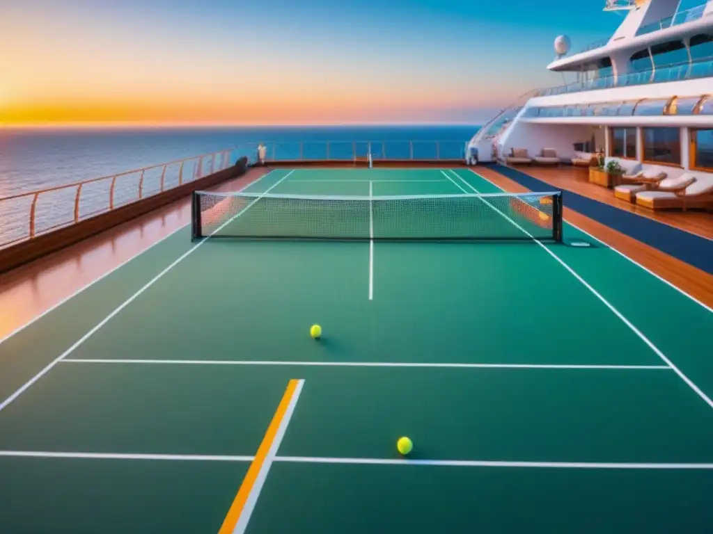 Un lujoso crucero con una cancha de tenis vacía al amanecer