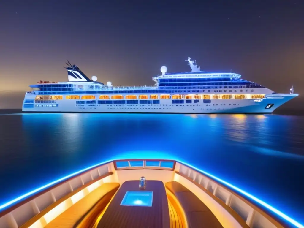 Un lujoso crucero navegando bajo un cielo estrellado, reflejando luces en el mar tranquilo