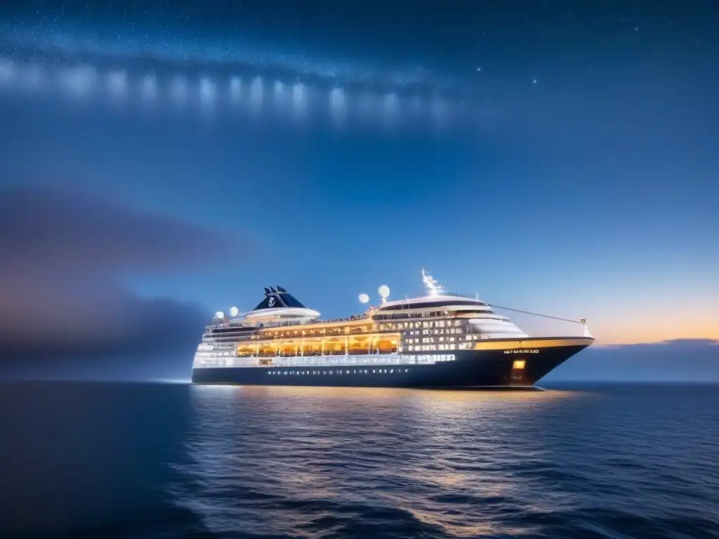 Un lujoso crucero navegando bajo un cielo estrellado, creando un ambiente exclusivo para Espectáculos exclusivos cruceros marítimos