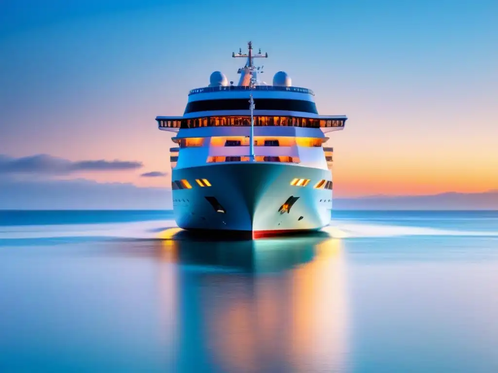 Un lujoso crucero reflejando una criptomoneda, navegando en aguas cristalinas al atardecer