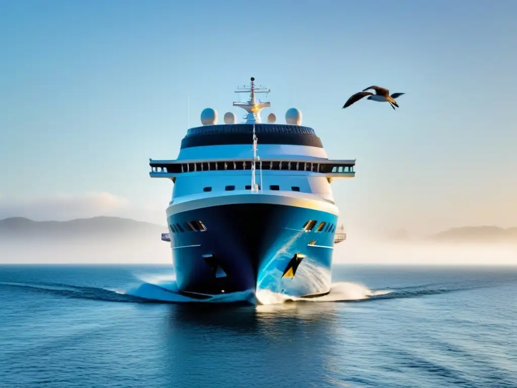 Un lujoso crucero cultural transformador perspectiva navegando en aguas azules, bajo un cielo soleado con gaviotas