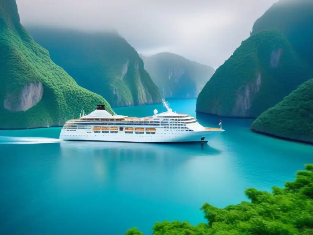 Un lujoso crucero ecofriendly surcando aguas cristalinas entre acantilados verdes y vida marina vibrante