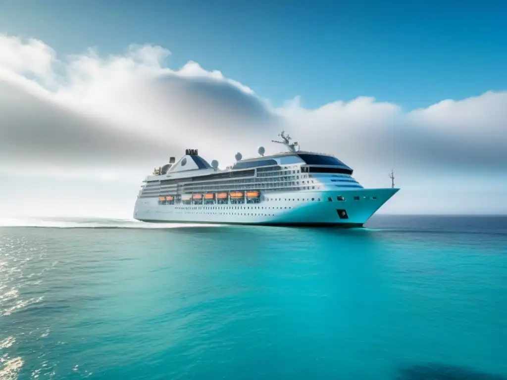 Un lujoso crucero ecológico surcando aguas turquesas, con detalles verdes y paneles solares