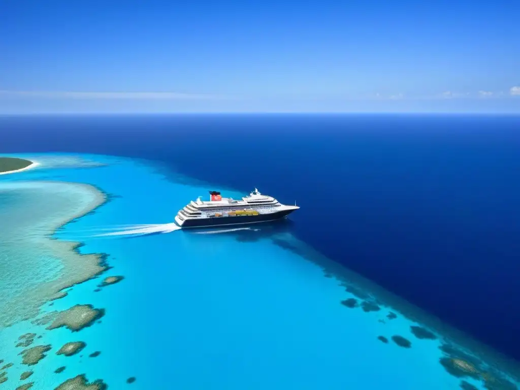 Un lujoso crucero ecológico navegando entre arrecifes de coral y vida marina, reflejando prácticas ecológicas en cruceros de lujo