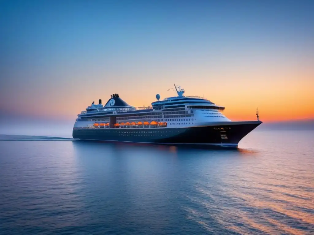 Un lujoso crucero navegando con elegancia en aguas tranquilas al atardecer