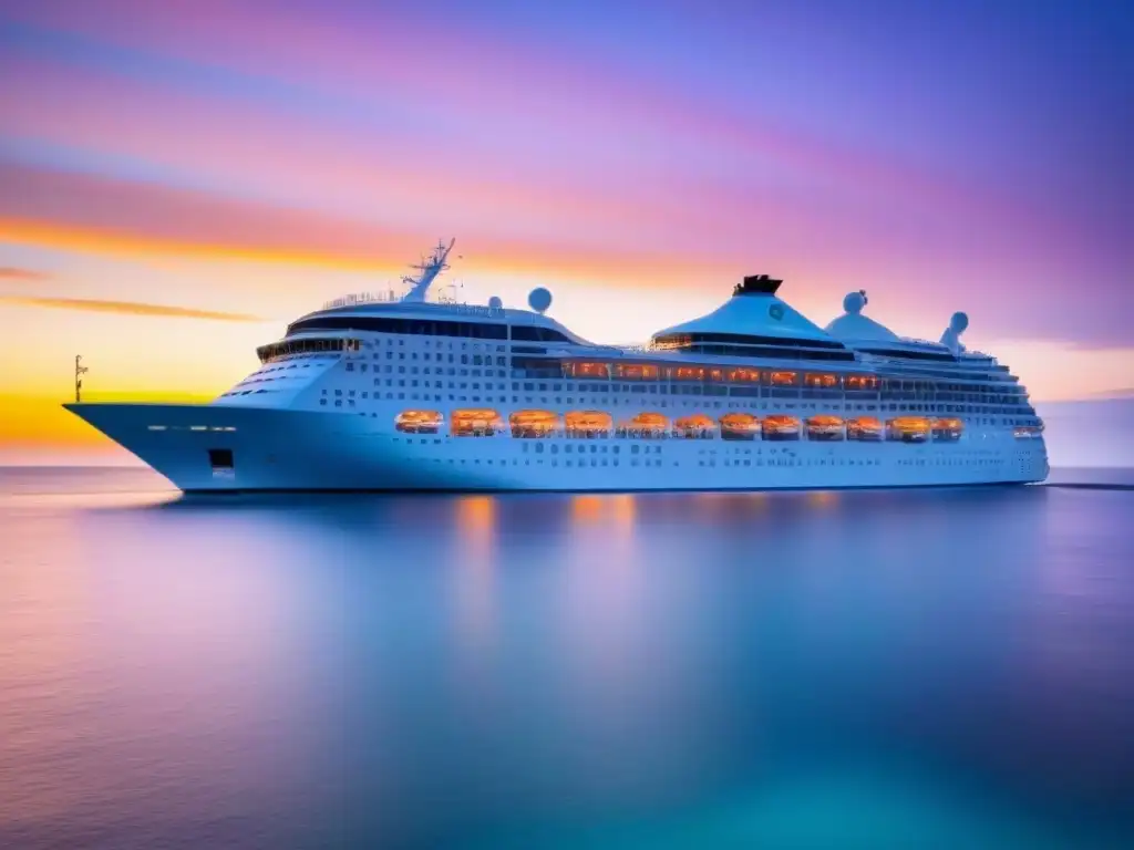 Un lujoso crucero navegando con elegancia en aguas turquesas al atardecer