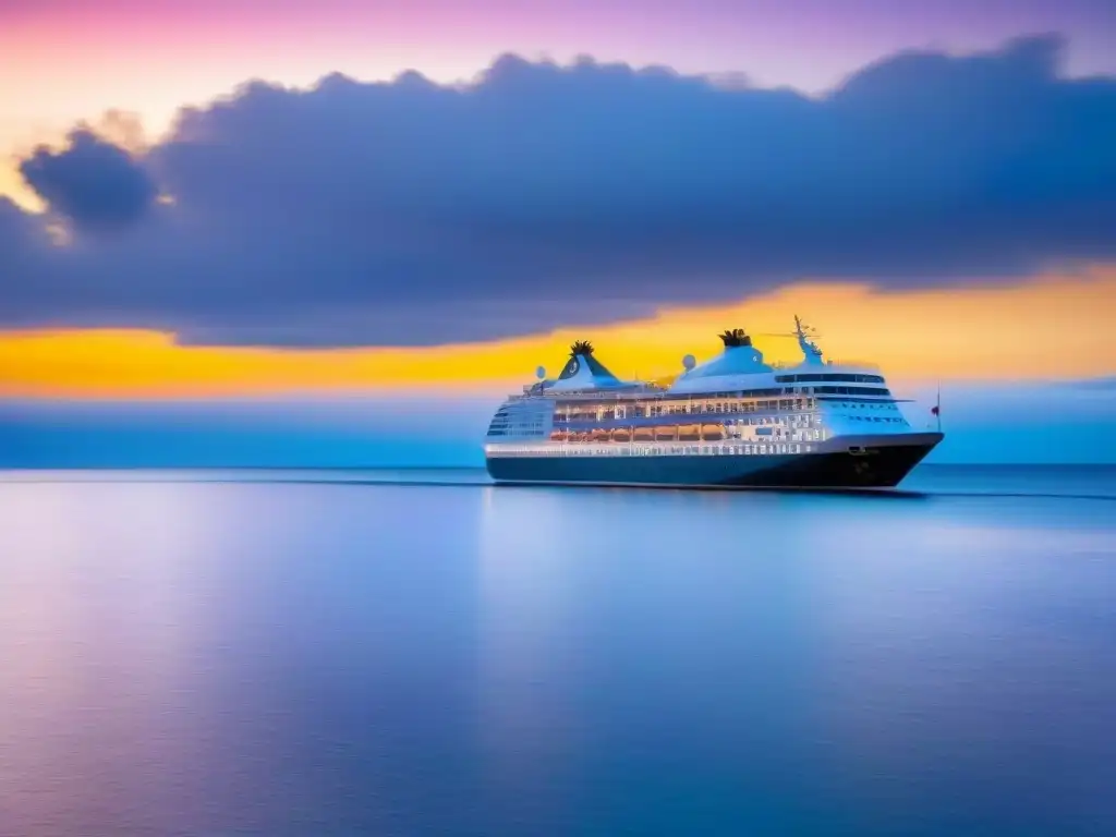 Un lujoso crucero navega con elegancia en aguas cristalinas al atardecer, transmitiendo exclusividad y relajación