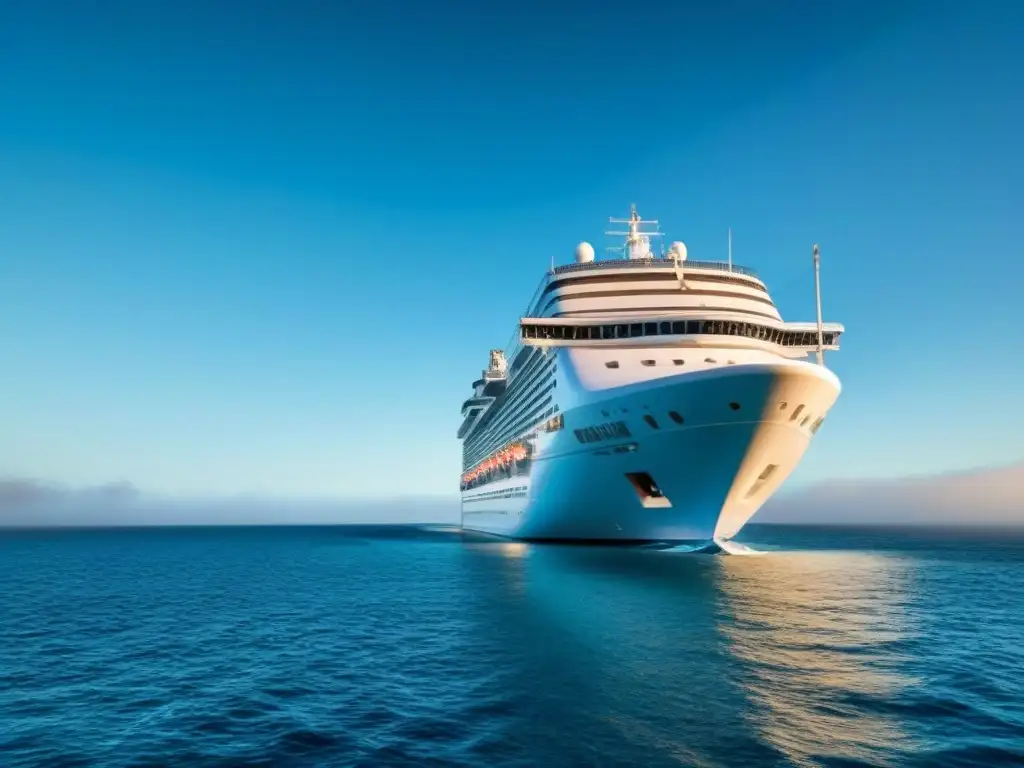 Un lujoso crucero navegando con elegancia en un mar tranquilo bajo un cielo azul claro