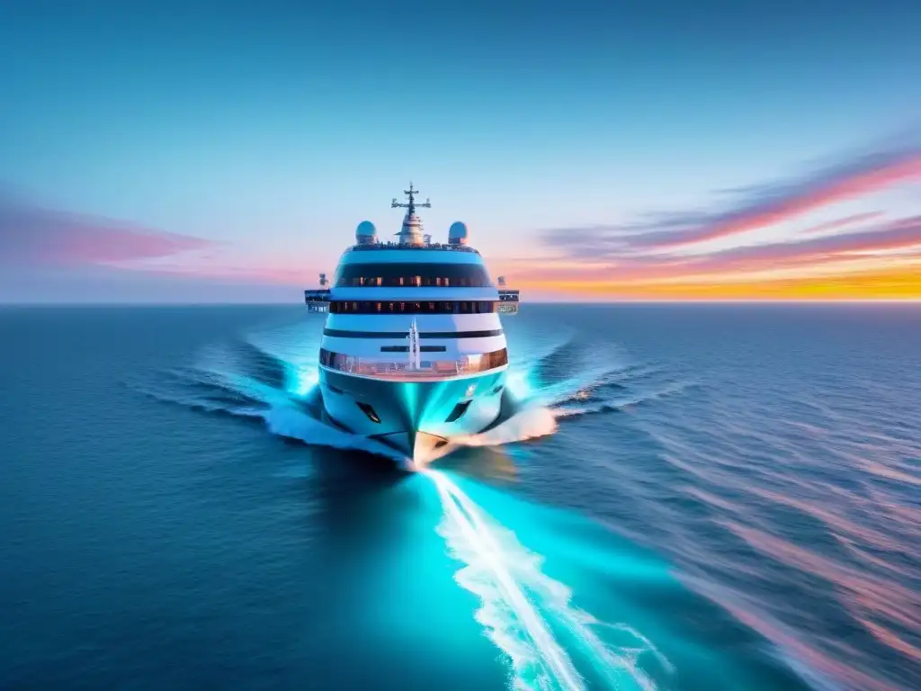 Un lujoso crucero futurista navegando en aguas turquesa bajo un atardecer vibrante