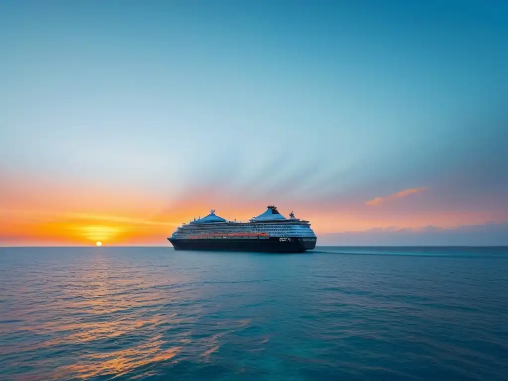 Un lujoso crucero futurista surcando aguas turquesas al atardecer