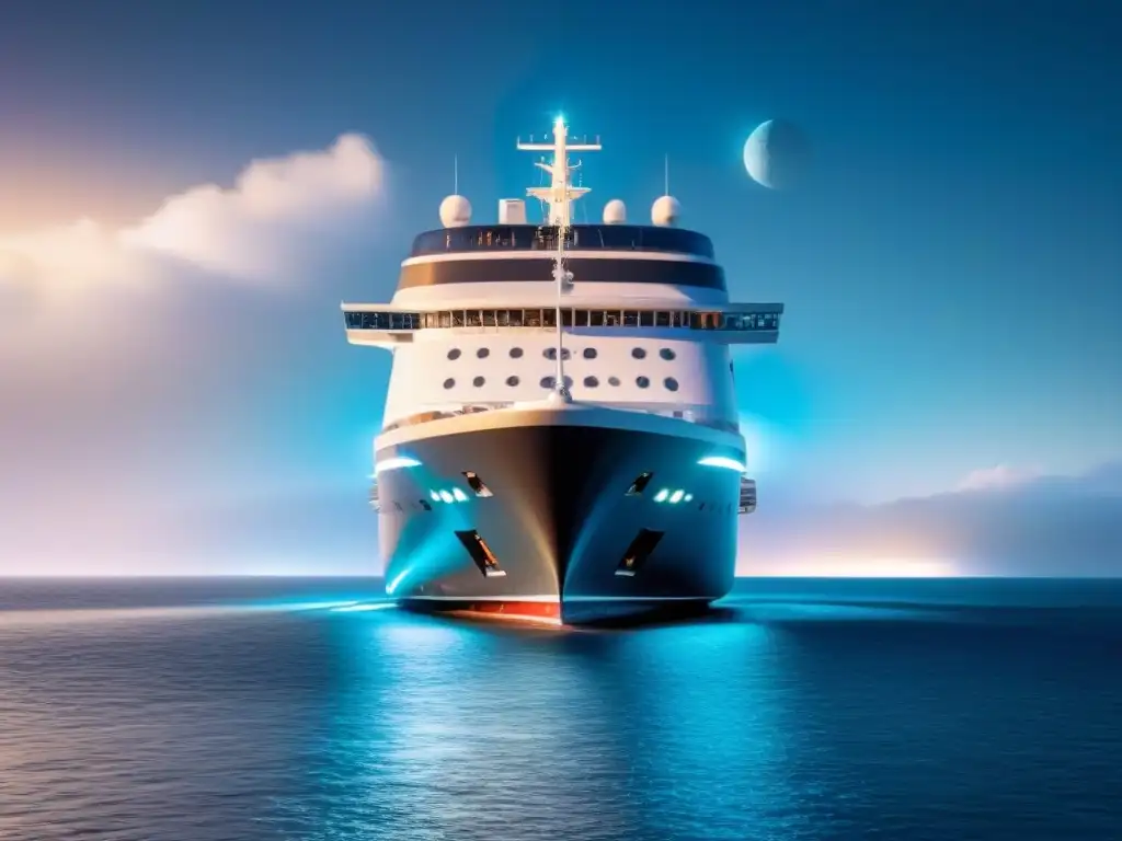 Un lujoso crucero futurista navega bajo un cielo estrellado en aguas cristalinas con símbolos de criptomonedas integrados sutilmente en su diseño