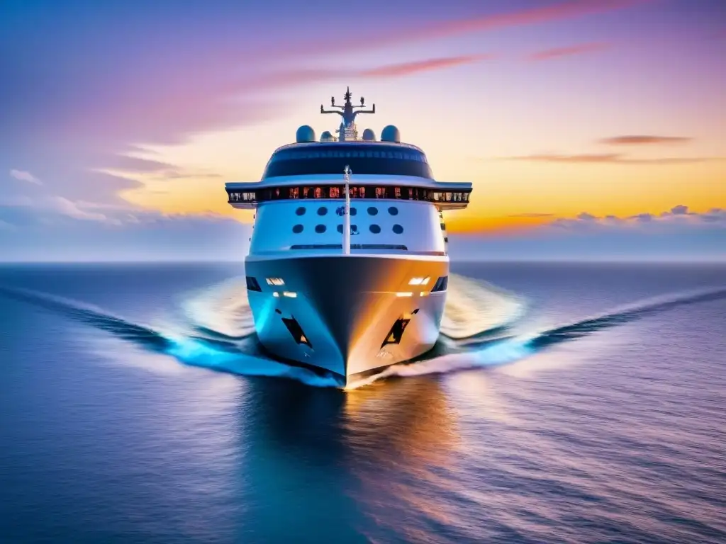 Un lujoso crucero futurista con tecnologías innovadoras en cruceros navegando bajo un vibrante atardecer