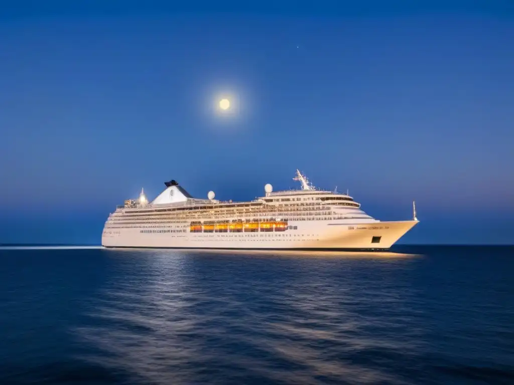 Un lujoso crucero navegando bajo la luna en aguas tranquilas