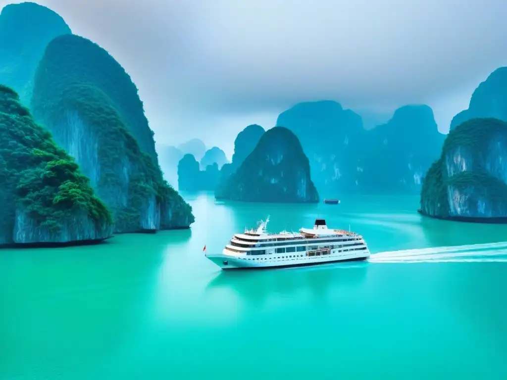 Un lujoso crucero navegando entre las majestuosas formaciones rocosas de Halong Bay, Vietnam