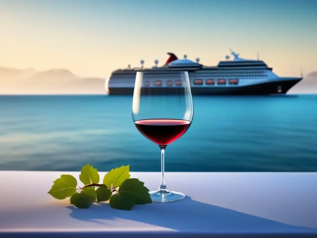 Un lujoso crucero navegando en un mar sereno, con copas de vino y viñedos