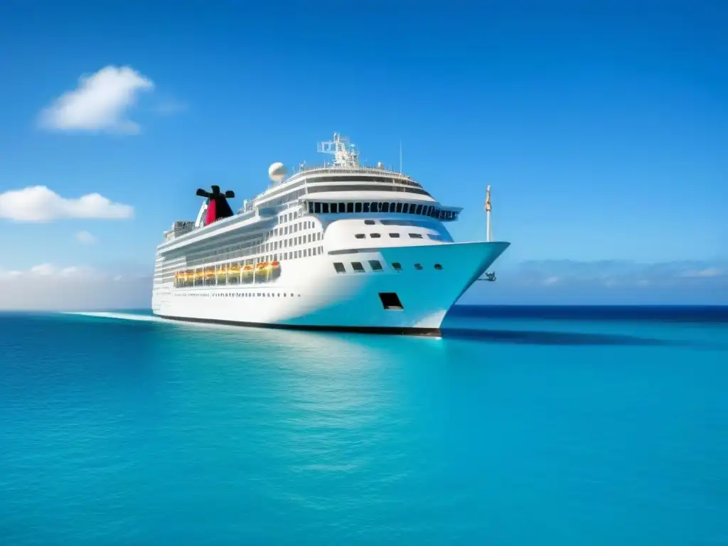 Un lujoso crucero marítimo se desliza con elegancia en aguas turquesas, bajo un cielo azul y nubes blancas