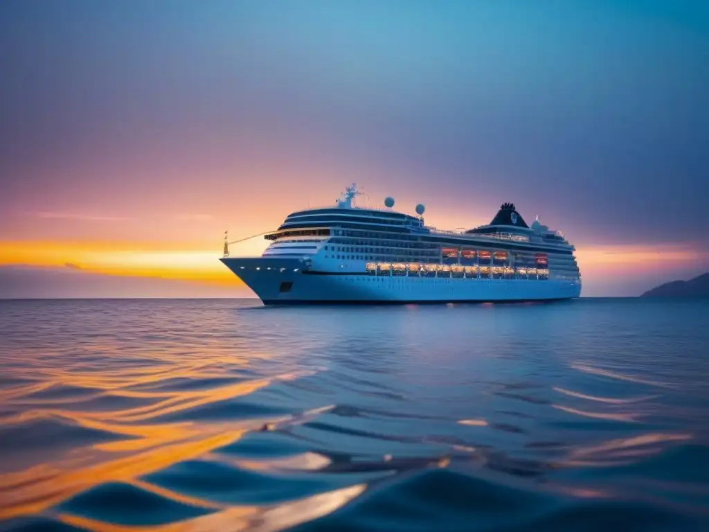 Un lujoso crucero moderno navegando en aguas cristalinas al atardecer, iluminado desde dentro