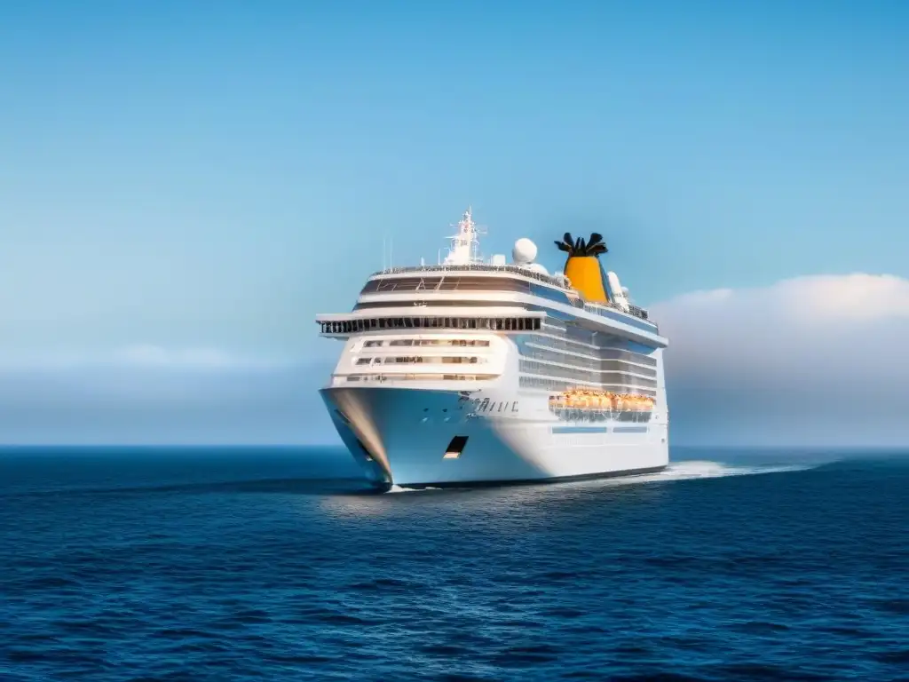 Un lujoso crucero moderno navega con elegancia en el mar azul bajo un cielo despejado, transmitiendo tranquilidad y lujo