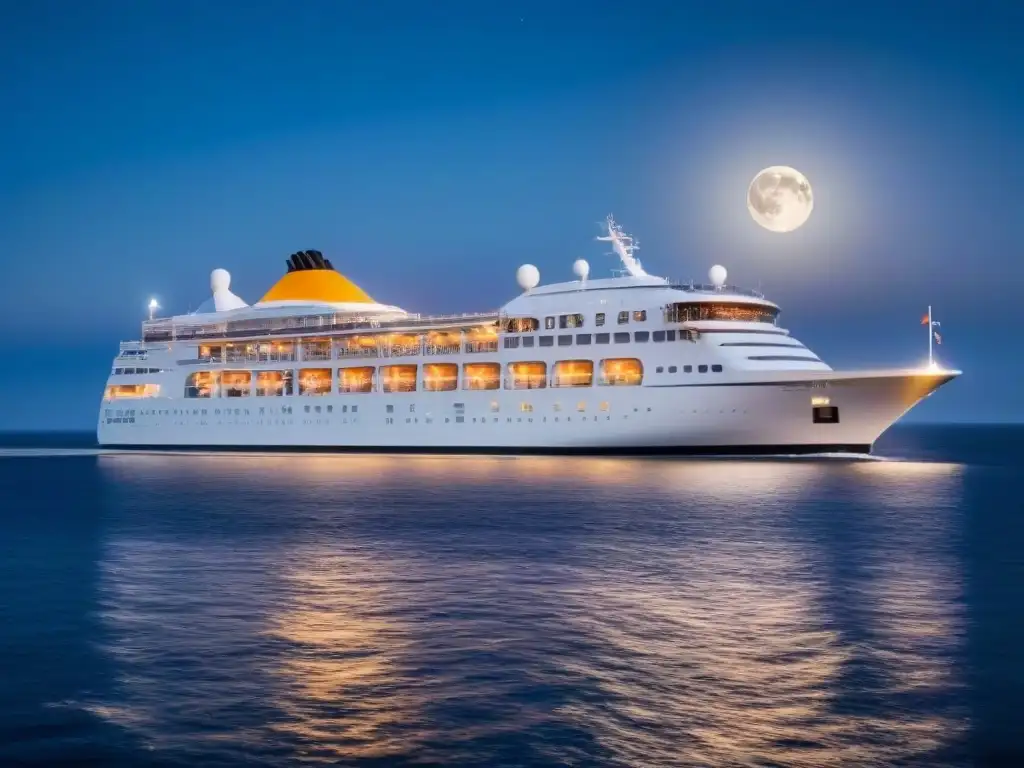 Un lujoso crucero navegando de noche en aguas tranquilas, iluminado por la luna