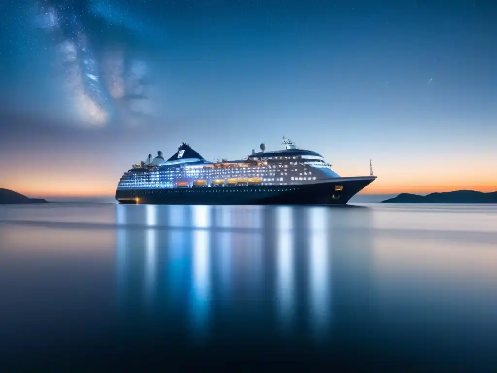 Un lujoso crucero navegando de noche bajo un cielo estrellado, reflejando elegancia y sofisticación en el branding en la industria de cruceros