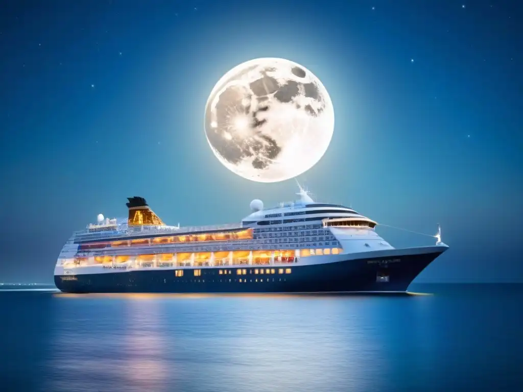 Un lujoso crucero navegando bajo la noche estrellada con luna llena, reflejos en el agua