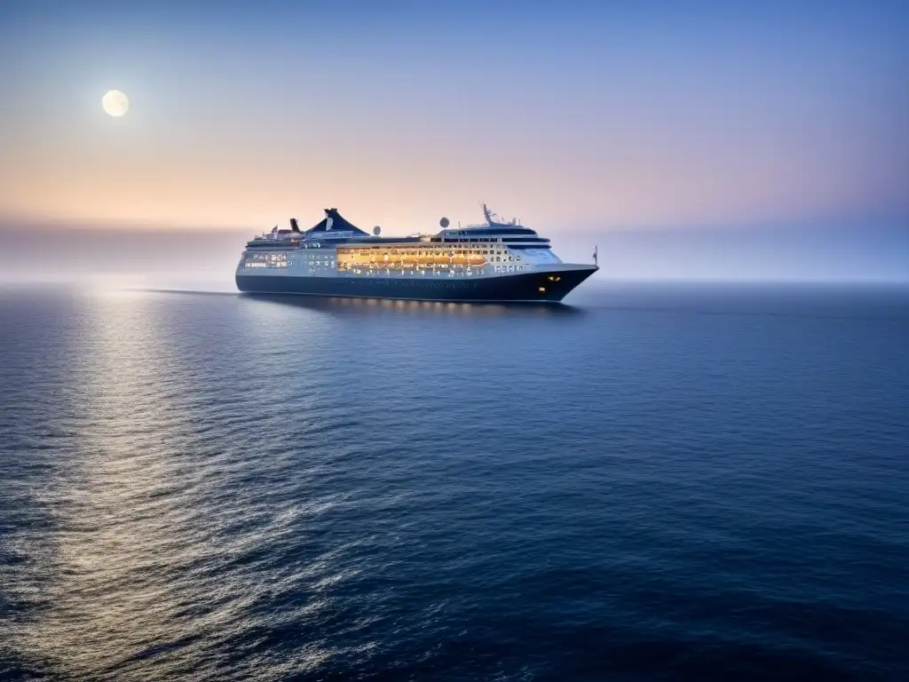 Un lujoso crucero bajo la noche estrellada con la luna iluminando suavemente el mar