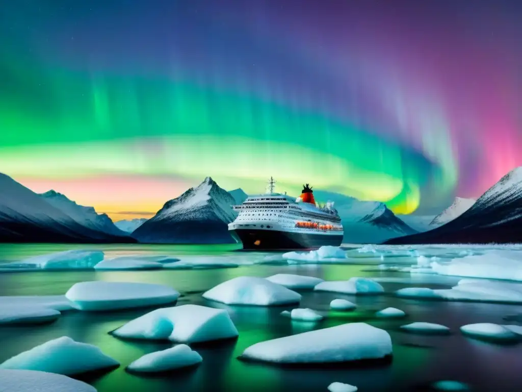 Un lujoso crucero polar navegando bajo las luces del norte en un paisaje helado