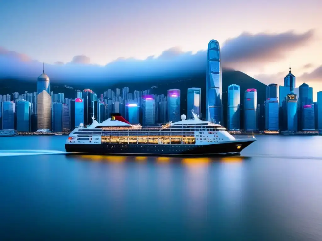 Un lujoso crucero navegando por el puerto de Victoria en Hong Kong al atardecer