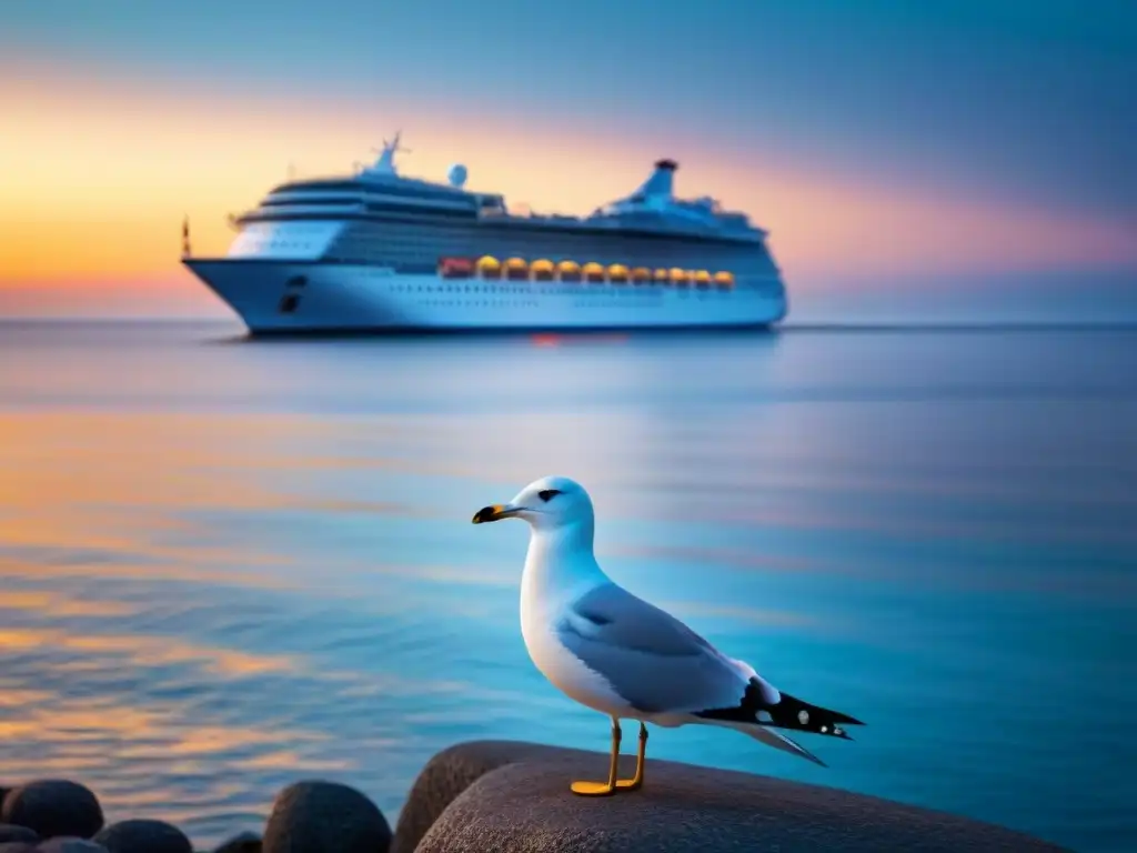 Un lujoso crucero reflejando la puesta de sol en el mar, con gaviotas en vuelo