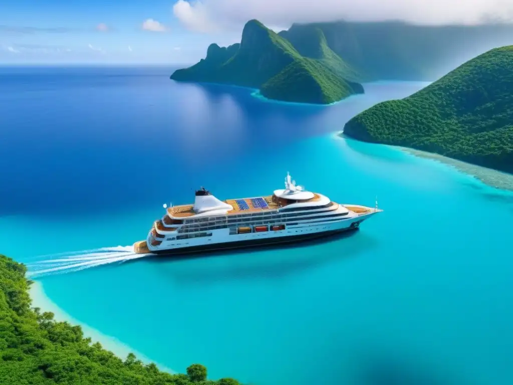 Un lujoso crucero sostenible navegando en aguas turquesas, rodeado de islas verdes, fusionando opulencia y conciencia ambiental en el turismo marítimo