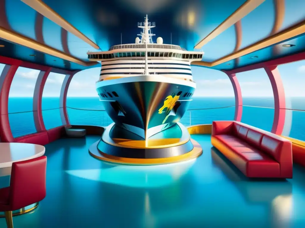 Un lujoso crucero temático de cultura pop surca el mar, con arte vibrante y diseño futurista