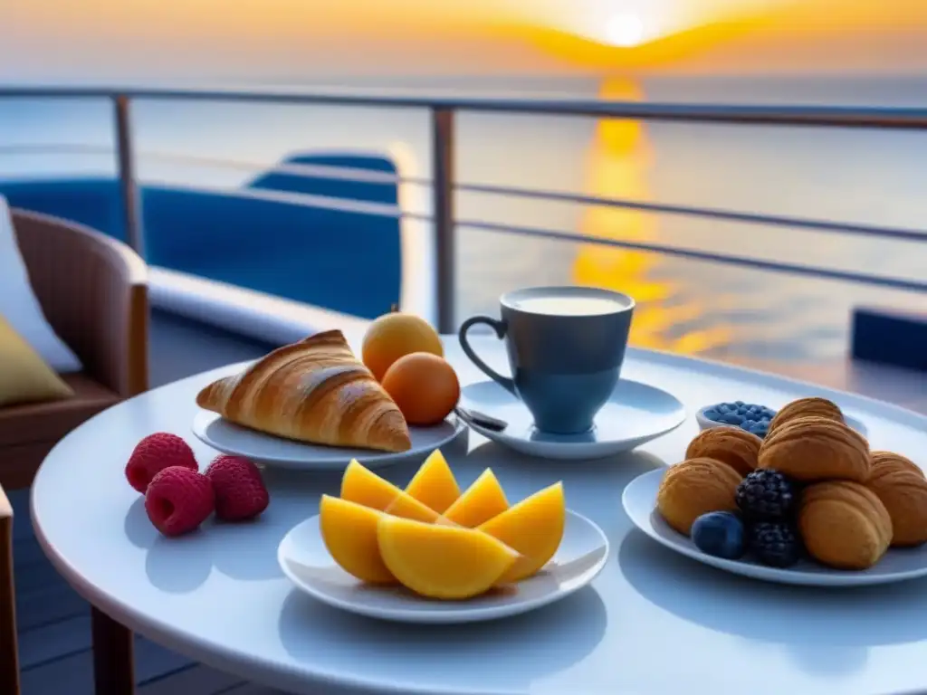 Un lujoso desayuno en alta mar con frutas frescas y café gourmet, en un elegante crucero con vista al océano