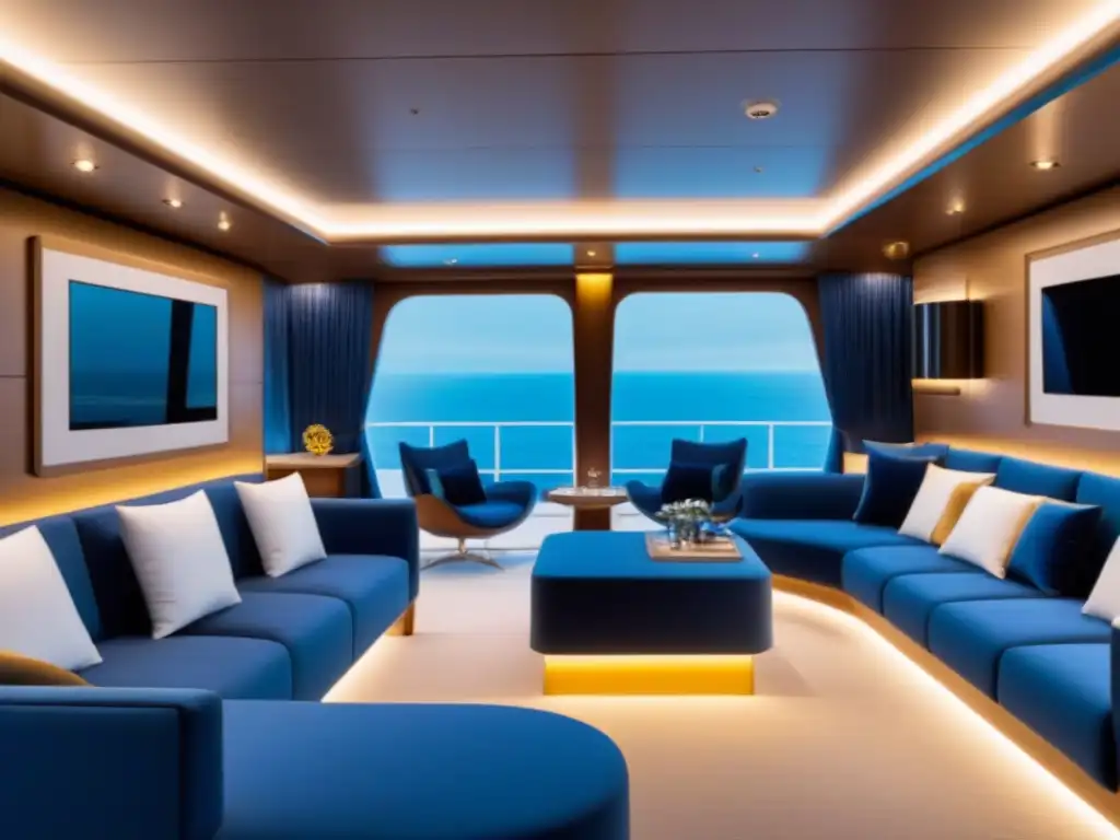 Un lujoso diseño interior de cabina de crucero con muebles modernos y tecnología IA integrada