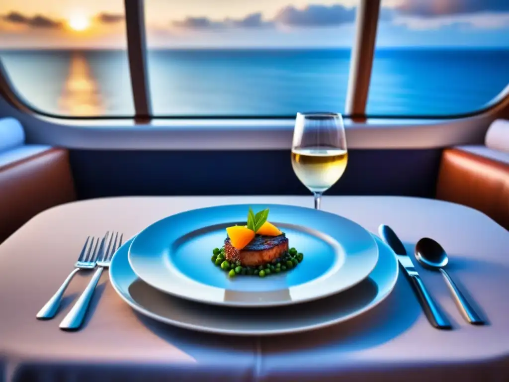 Un lujoso plato de alta cocina en un elegante crucero, evocando sofisticación y lujo