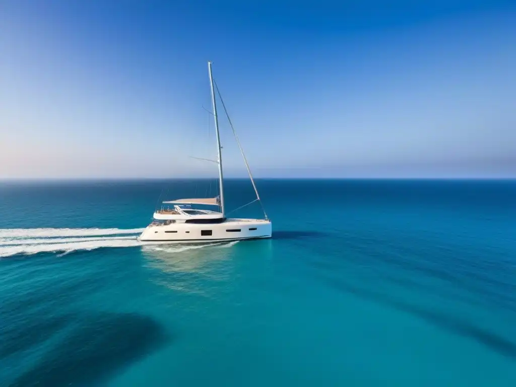 Un lujoso y relajante tour privado en destino marítimo: yate blanco navegando en aguas turquesas bajo un cielo azul, con una gaviota sobrevolando